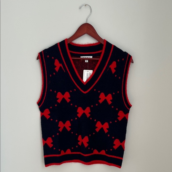 THML Sweaters - THML Veronica Bow Pattern V-Neck Sweater Vest Navy and Red NWT Size S